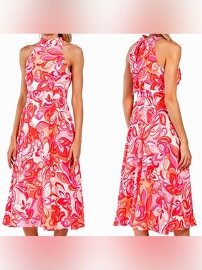👉🏼NWT👈🏼 Tahari Halter Tie-Neck Sleeveless Midi/maxi Dress Pink & Orange Size 14